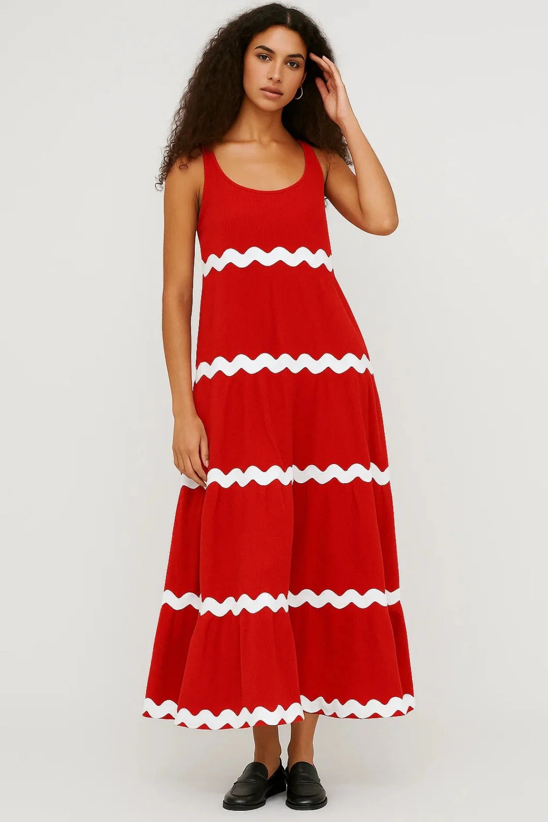 Robe Longue Femme Sans Manches – Imprimé Ondulé Col U Coupe Évasée