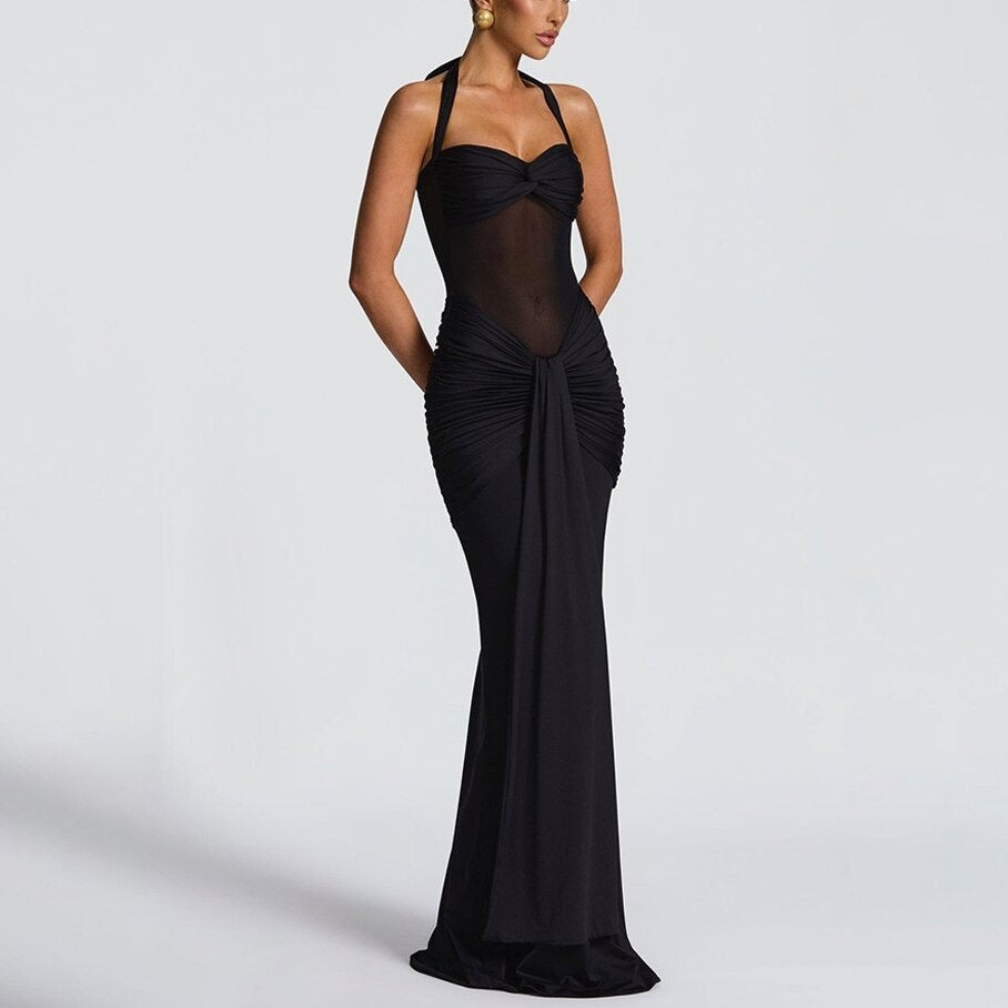 Robe Longue Moulante Froncée pour Femme – Robe de Soirée à Empiècement Transparent
