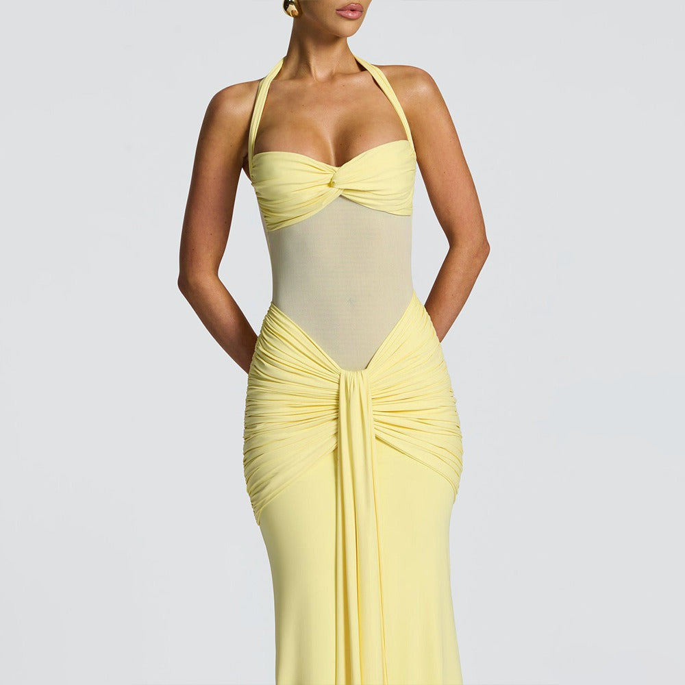 Robe Longue Moulante Froncée pour Femme – Robe de Soirée à Empiècement Transparent