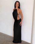 Robe Longue Femme Bodycon Tour de Cou – Stretch Dos Nu Coupe Ajustée Détail Métal