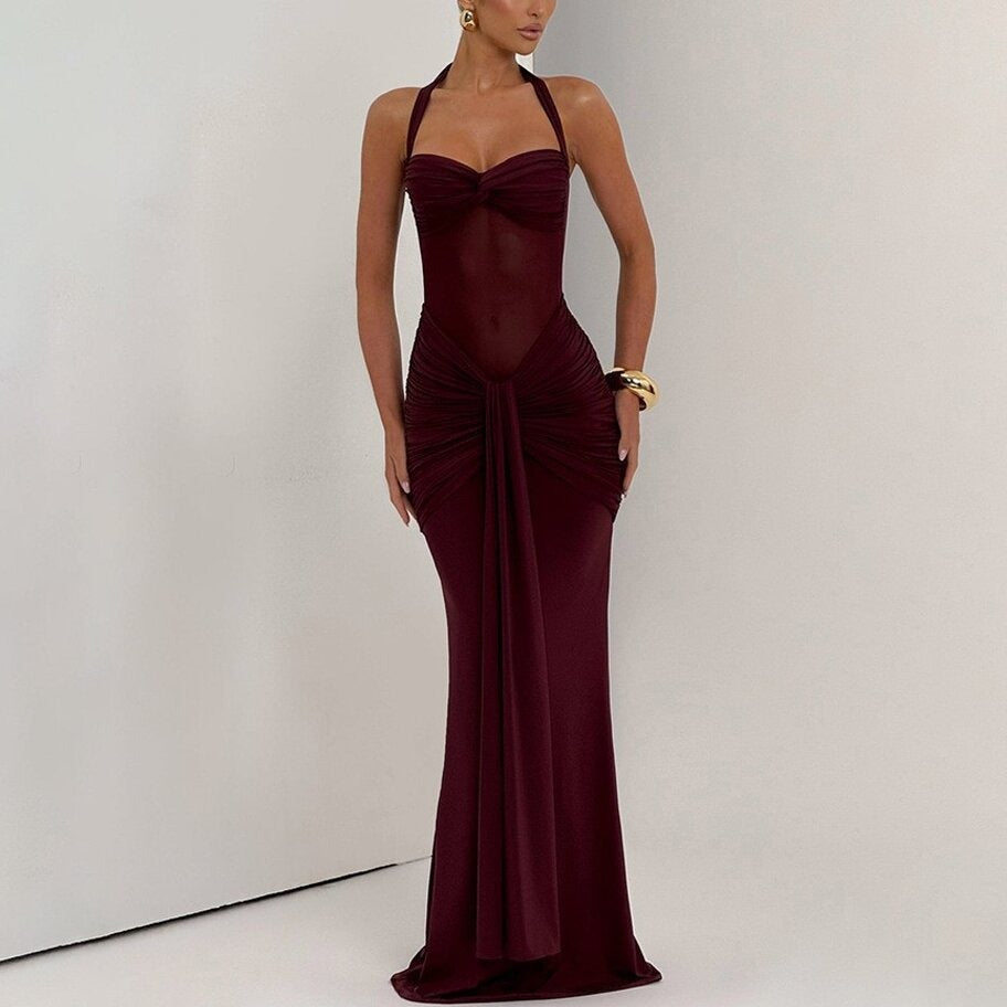 Robe Longue Moulante Froncée pour Femme – Robe de Soirée à Empiècement Transparent