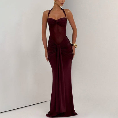 Robe Longue Moulante Froncée pour Femme – Robe de Soirée à Empiècement Transparent