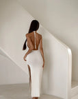 Robe Maxi Dos Nu Maille Côtelée Femme – Coupe Slim Sans Manches Resortwear