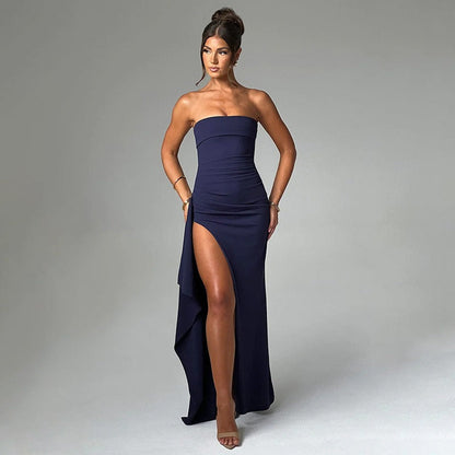 Robe Longue Femme Bustier Plissée Fendue – Silhouette Élégante et Formelle