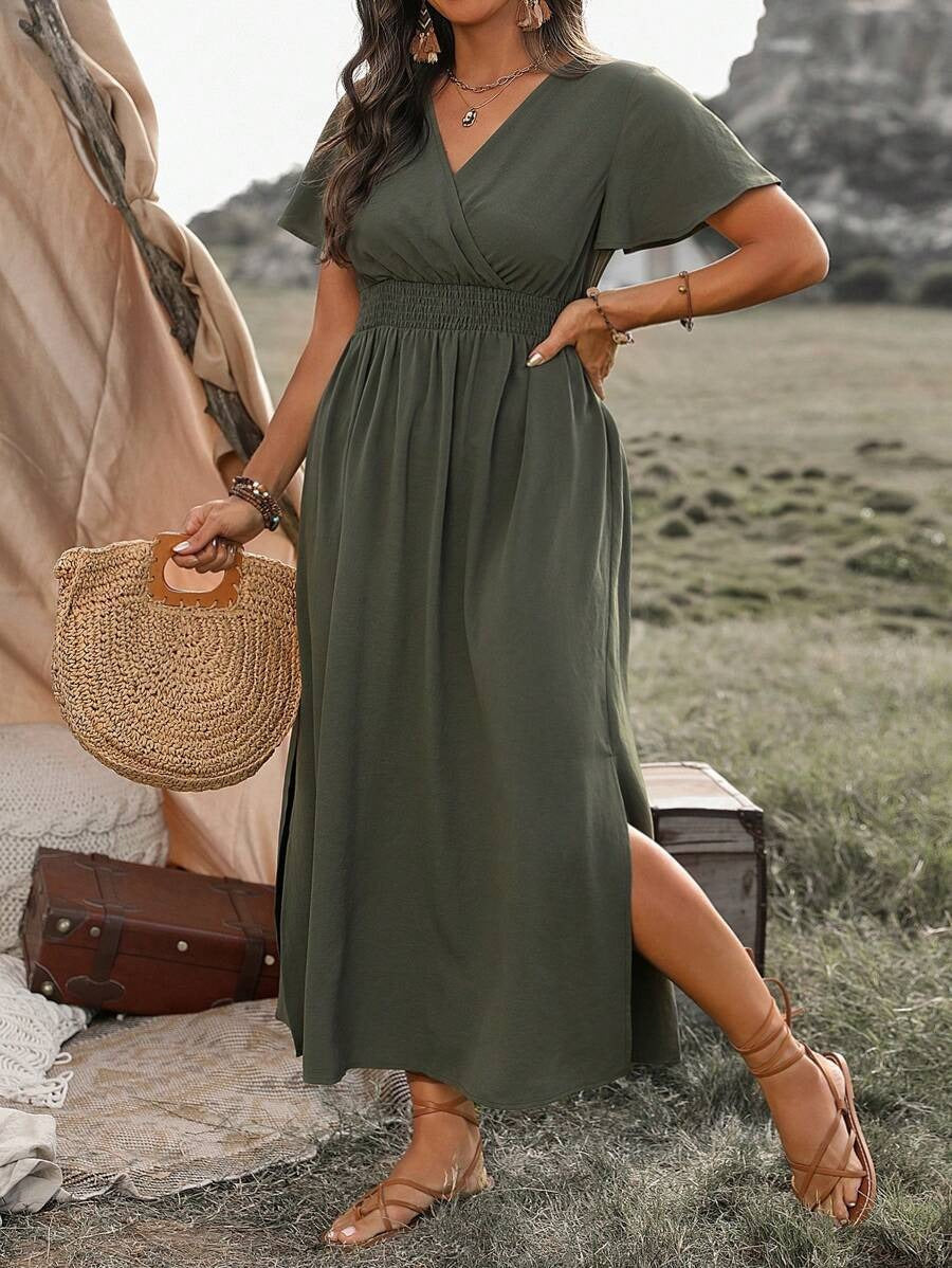 Robe Longue Femme Col V Manches Évasées – Fente et Taille Élastique