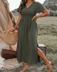 Robe Longue Femme Col V Manches Évasées – Fente et Taille Élastique