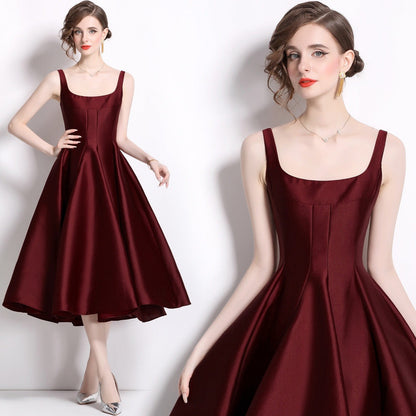 Robe Midi Femme à Bretelles Vintage – Coupe Ajustée Sans Manches