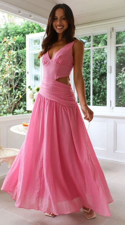 Robe Maxi Femme Sans Manches à Découpes en Coton – Coupe Fluide Ajustée Col V