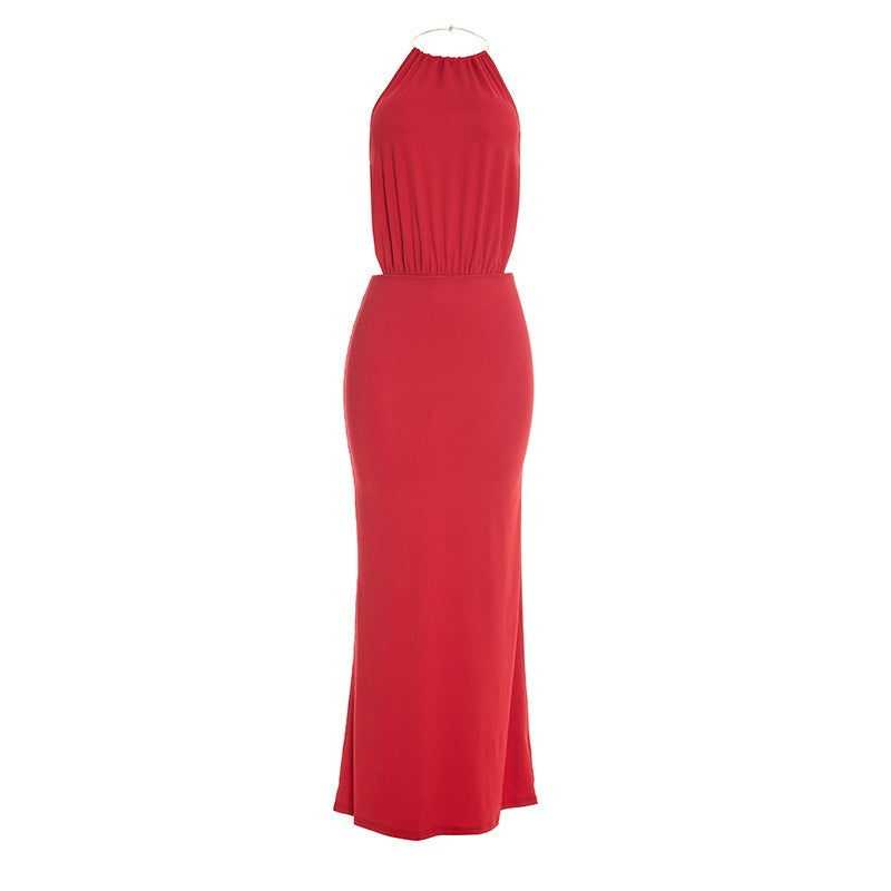 Robe Longue Femme Bodycon Tour de Cou – Stretch Dos Nu Coupe Ajustée Détail Métal