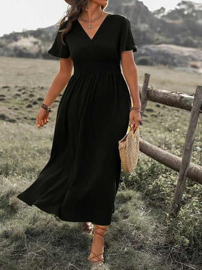 Robe Longue Femme Col V Manches Évasées – Fente et Taille Élastique