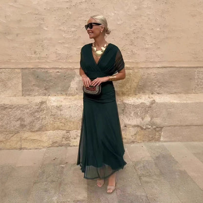 Robe Longue Femme en Mousseline – Col V Imprimé Manches Courtes