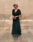 Robe Longue Femme en Mousseline – Col V Imprimé Manches Courtes