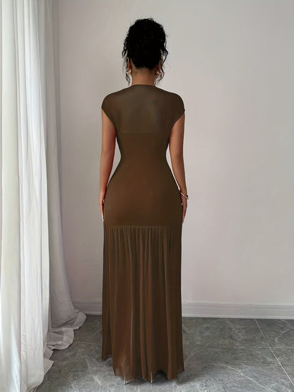 Robe Maxi Femme en Mesh Froncé – Élégance Plissée Ajustée