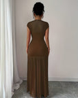 Robe Maxi Femme en Mesh Froncé – Élégance Plissée Ajustée