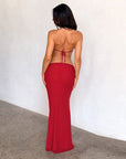 Robe Longue Femme Bodycon Tour de Cou – Stretch Dos Nu Coupe Ajustée Détail Métal