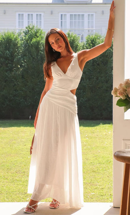 Robe Maxi Femme Sans Manches à Découpes en Coton – Coupe Fluide Ajustée Col V