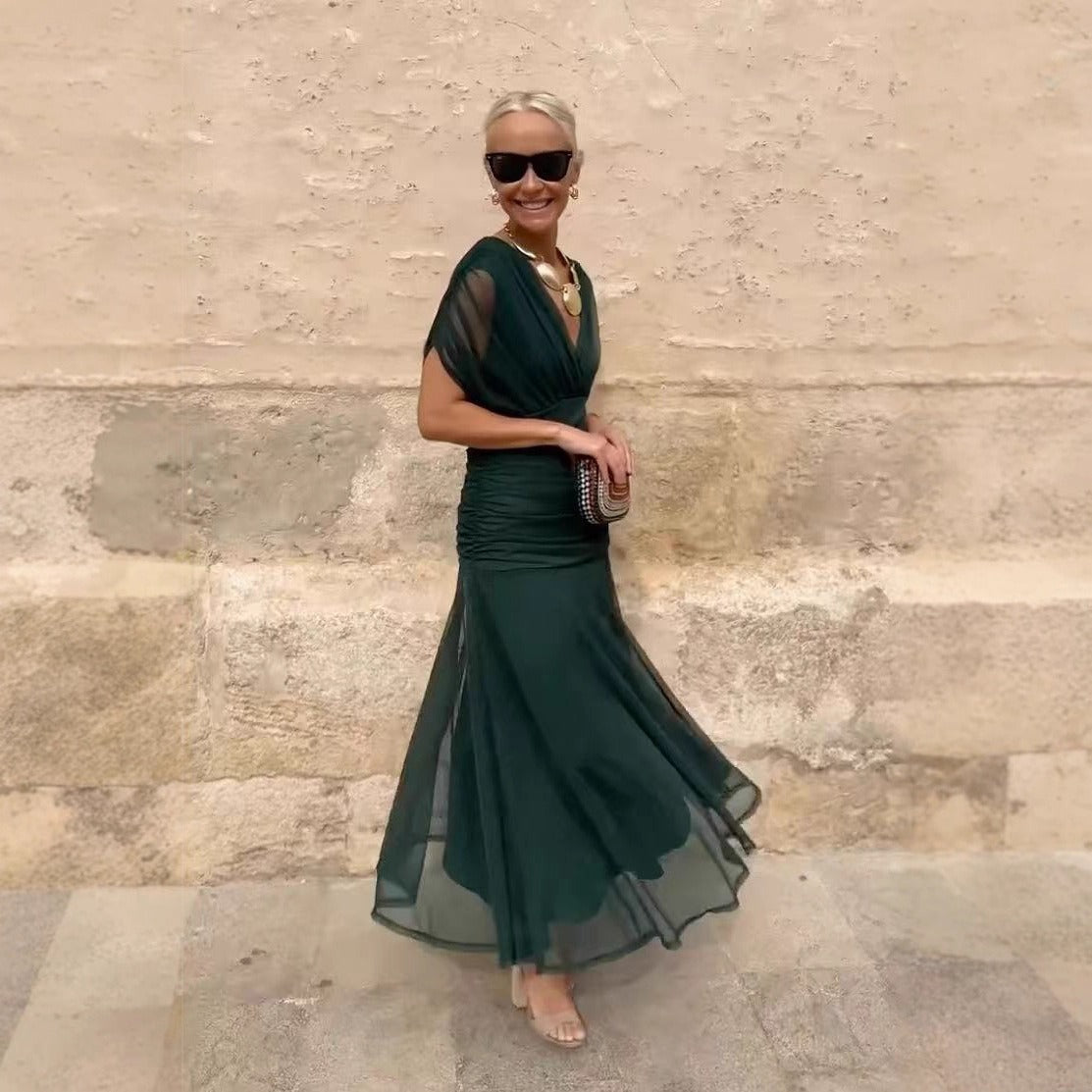 Robe Longue Femme en Mousseline – Col V Imprimé Manches Courtes