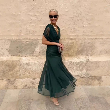 Robe Longue Femme en Mousseline – Col V Imprimé Manches Courtes