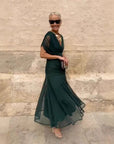 Robe Longue Femme en Mousseline – Col V Imprimé Manches Courtes