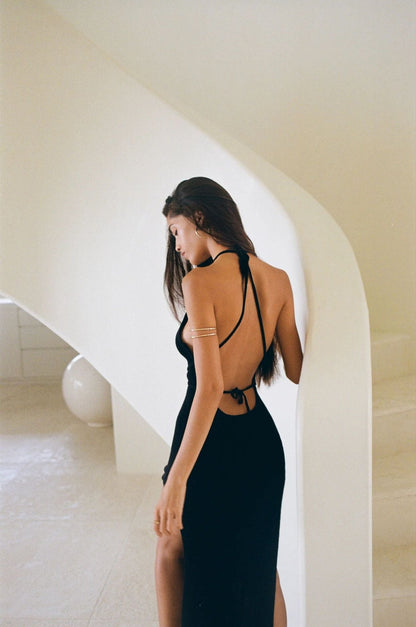 Robe Maxi Dos Nu Maille Côtelée Femme – Coupe Slim Sans Manches Resortwear