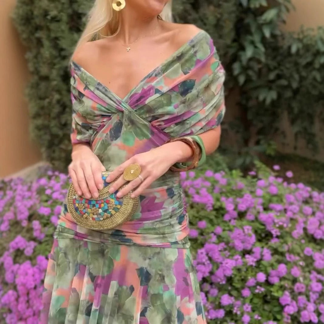 Robe Longue Femme en Mousseline – Col V Imprimé Manches Courtes