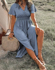 Robe Longue Femme Col V Manches Évasées – Fente et Taille Élastique