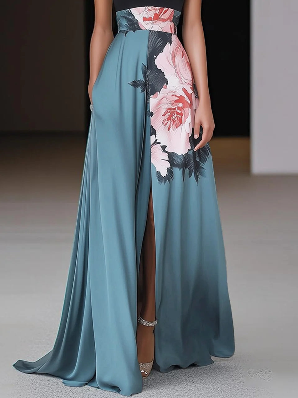 Robe Longue Femme Imprimé Floral – Col Licou Sans Manches avec Fente
