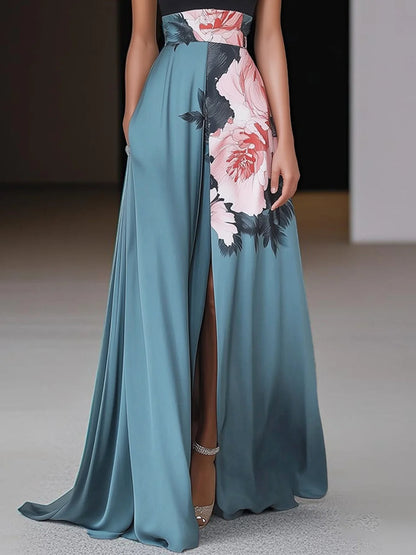 Robe Longue Femme Imprimé Floral – Col Licou Sans Manches avec Fente