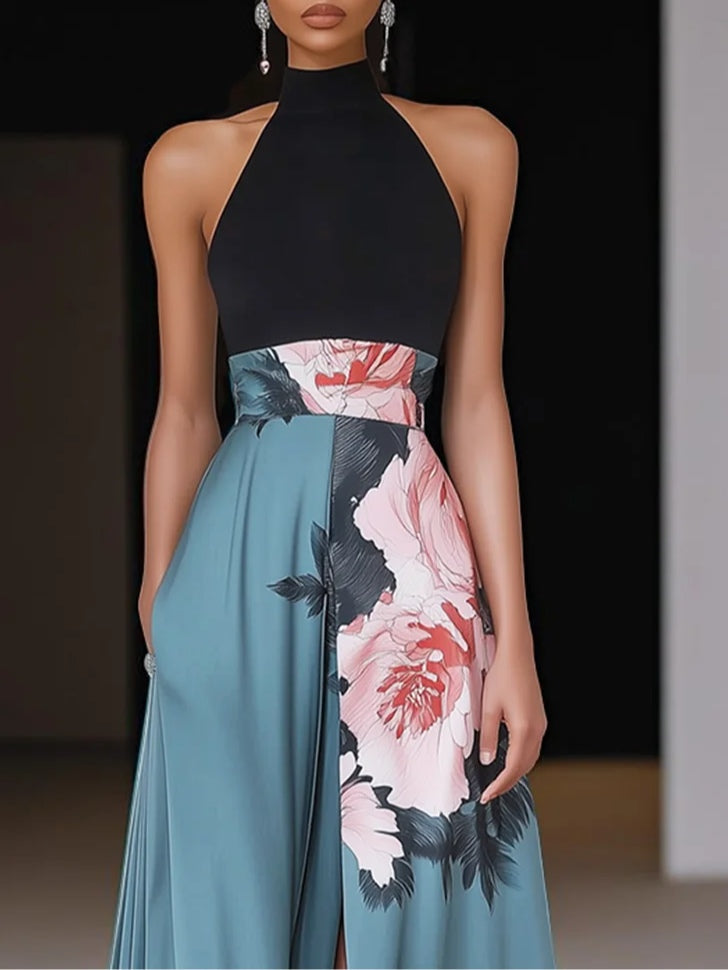 Robe Longue Femme Imprimé Floral – Col Licou Sans Manches avec Fente