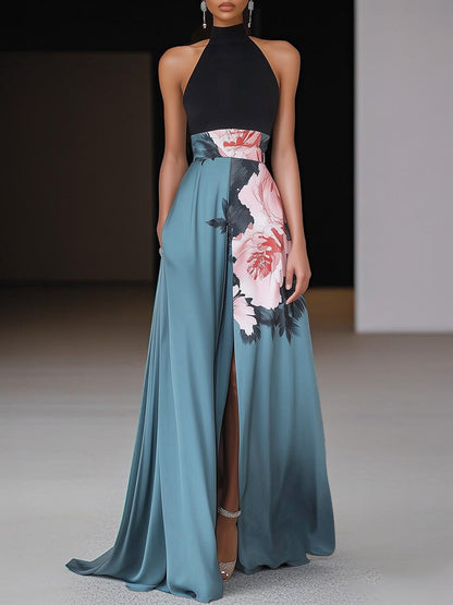 Robe Longue Femme Imprimé Floral – Col Licou Sans Manches avec Fente
