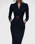 Robe midi ajustée femme en tissu stretch – ceinture col V manches longues