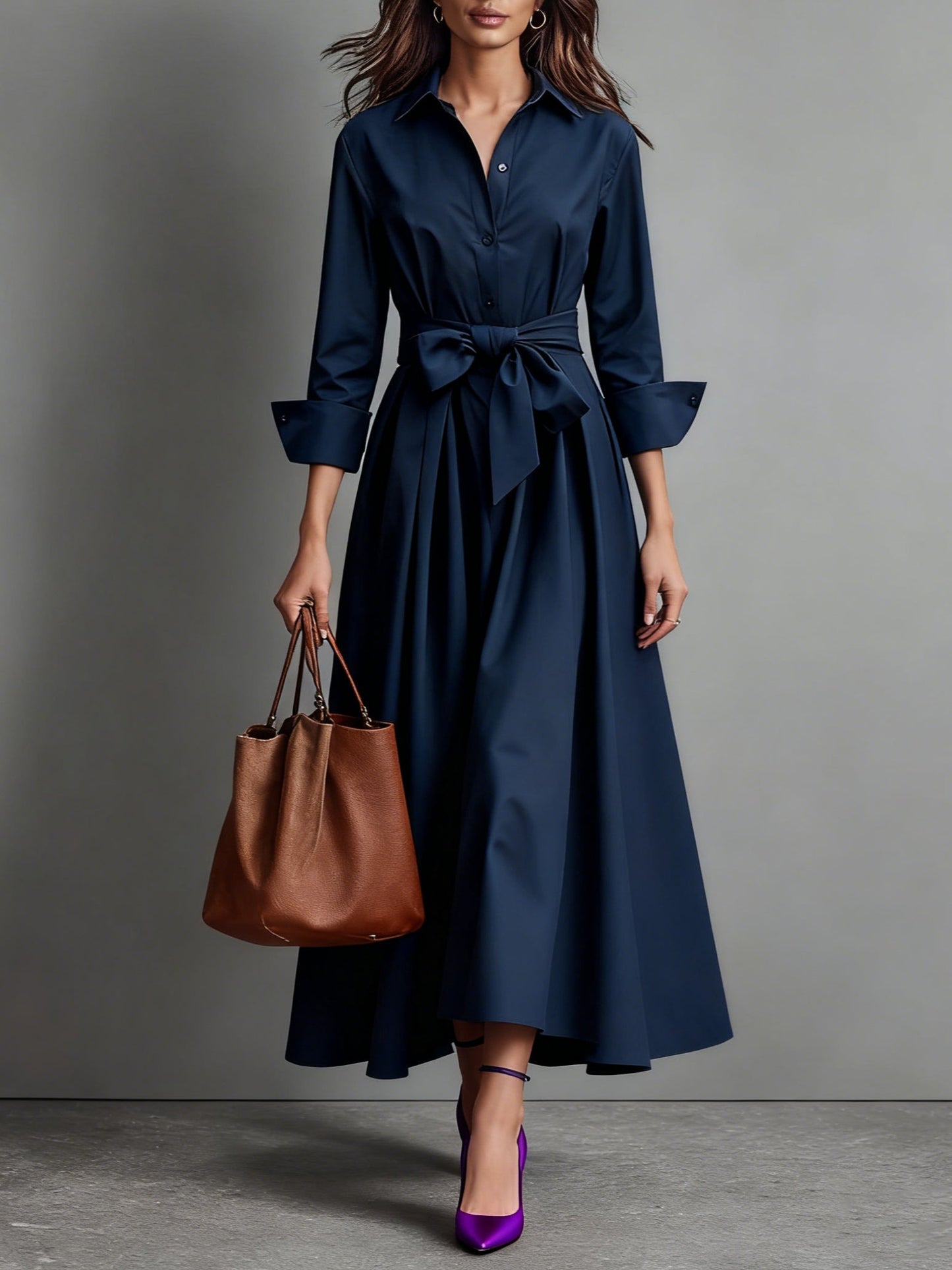 Robe Femme Maxi Style Chemise – Coupe A-Line et Ceinture à Nouer