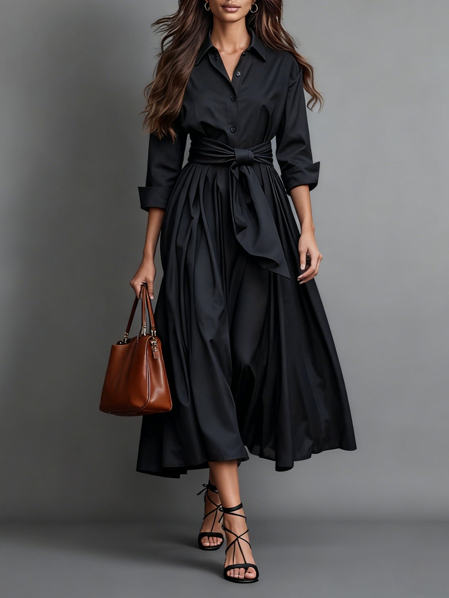 Robe Femme Maxi Style Chemise – Coupe A-Line et Ceinture à Nouer