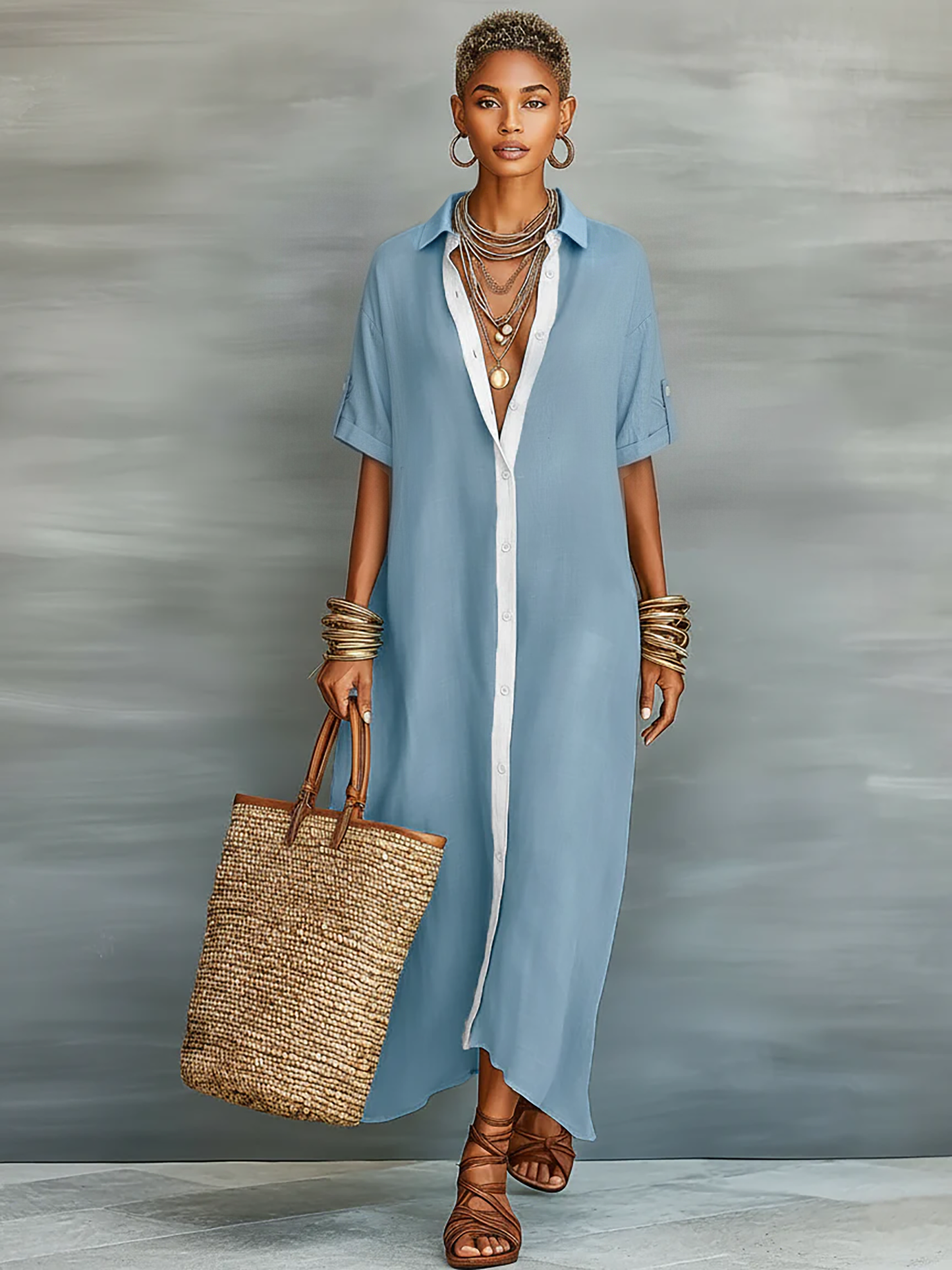 Robe Chemise Longue Femme Lin – Coupe Ample Boutonnée Manches Trois-Quarts