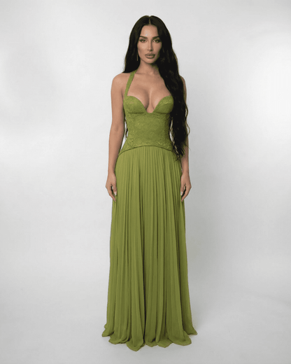 Robe Longue Femme à Col Licou – Dos Corset Lacé & Jupe Plissée