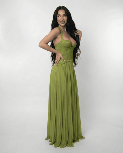 Robe Longue Femme à Col Licou – Dos Corset Lacé & Jupe Plissée