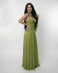 Robe Longue Femme à Col Licou – Dos Corset Lacé & Jupe Plissée