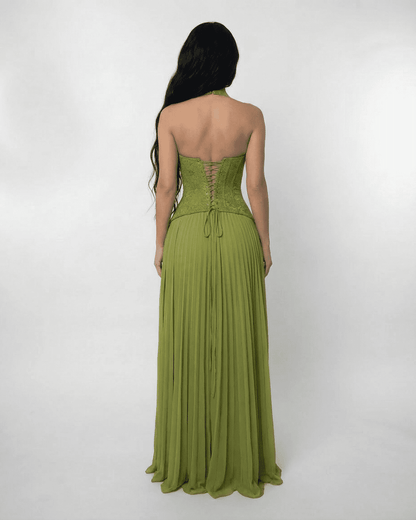Robe Longue Femme à Col Licou – Dos Corset Lacé & Jupe Plissée