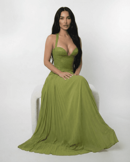 Robe Longue Femme à Col Licou – Dos Corset Lacé & Jupe Plissée