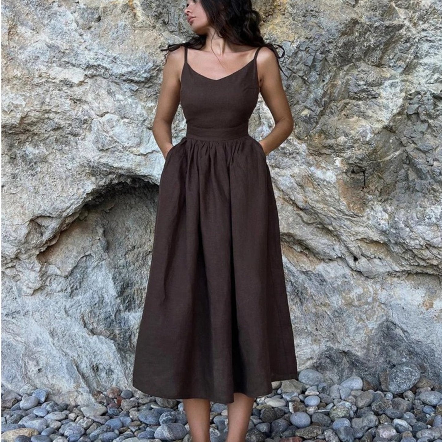 Robe Longue Femme Douce – Coupe Trapèze Sans Manches à Dos Ouvert