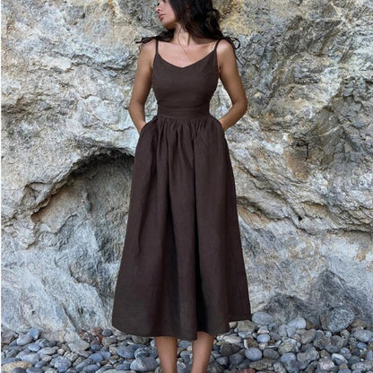 Robe Longue Femme Douce – Coupe Trapèze Sans Manches à Dos Ouvert