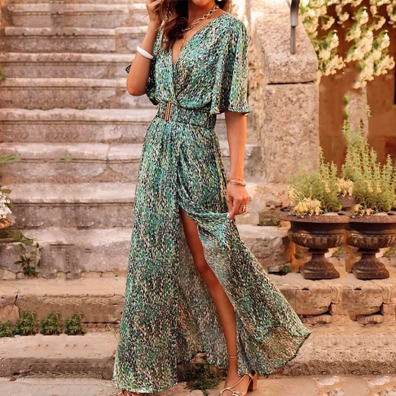 Robe Longue Femme Imprimée à Portefeuille – Manches Volantées et Fente