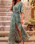 Robe Longue Femme Imprimée à Portefeuille – Manches Volantées et Fente