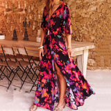 Robe Longue Femme Imprimée à Portefeuille – Manches Volantées et Fente