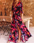 Robe Longue Femme Imprimée à Portefeuille – Manches Volantées et Fente