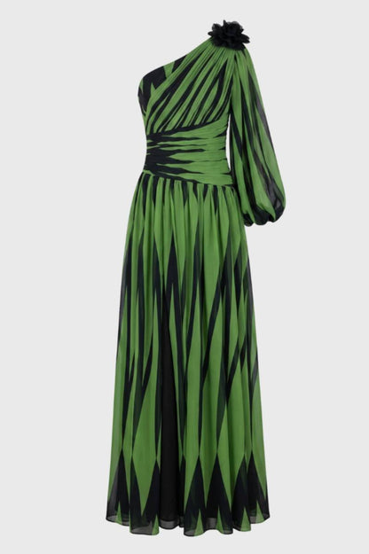 Robe Longue Femme Asymétrique à Imprimé – Épaule Dénudée Élégante