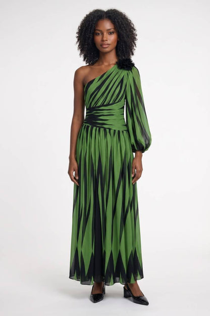 Robe Longue Femme Asymétrique à Imprimé – Épaule Dénudée Élégante