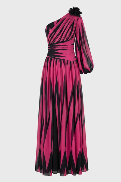 Robe Longue Femme Asymétrique à Imprimé – Épaule Dénudée Élégante