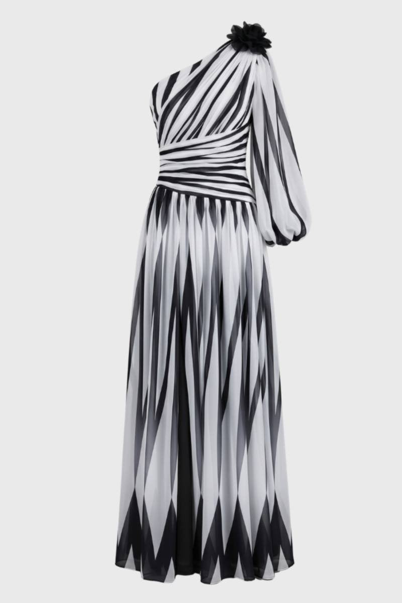 Robe Longue Femme Asymétrique à Imprimé – Épaule Dénudée Élégante