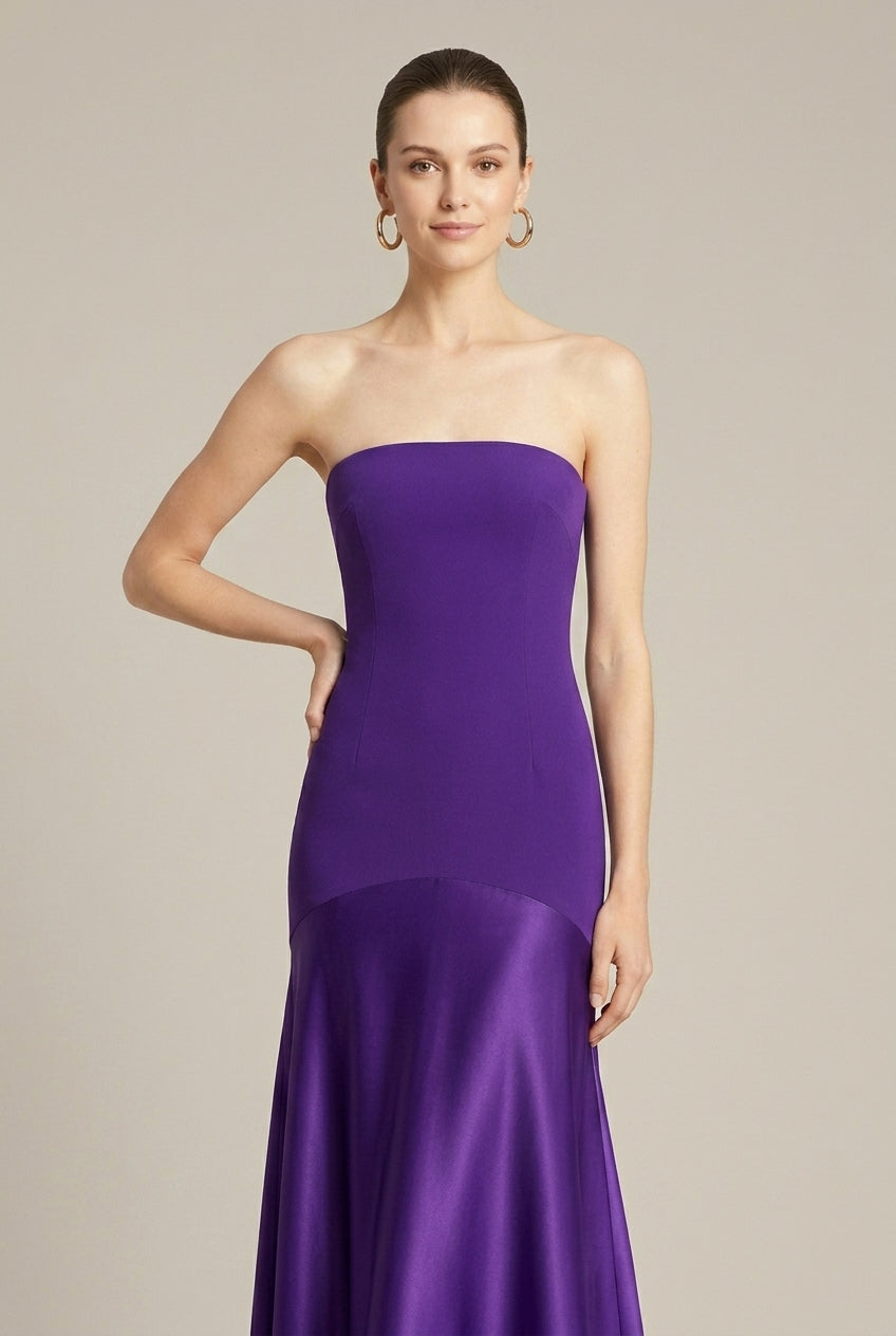 Robe Maxi Satin Soirée Violette Femme – Coupe Ajustée Sans Bretelles